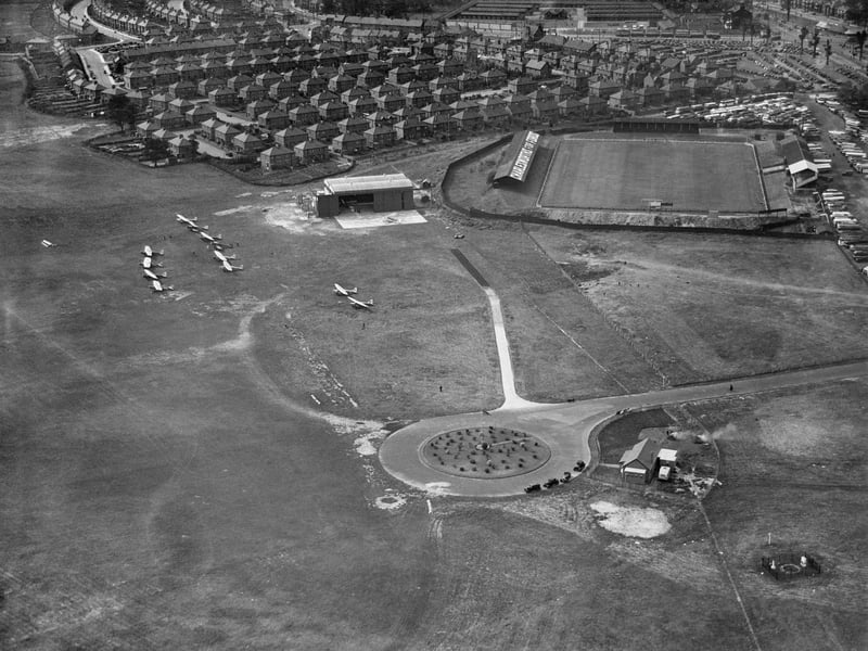 An aerial view showing Doncaster Rovers' old Belle Vue Stadium in 1935