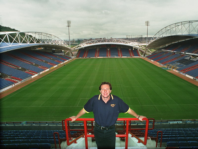 Huddersfield Town manager Peter Jackson in the new Panasonic Stand at the McAlpine Stadium in 1998
