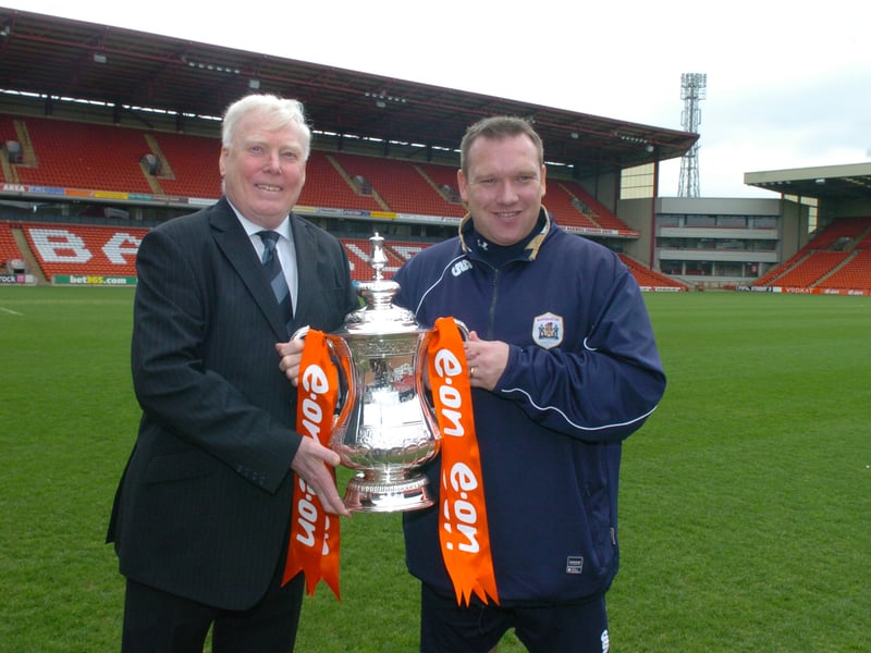 Barnsley manager Simon Davey and chairman Gordon Shepherd pictured at Oakwell in April 2008, getting ready for the FA Cup semi-final against Cardiff City