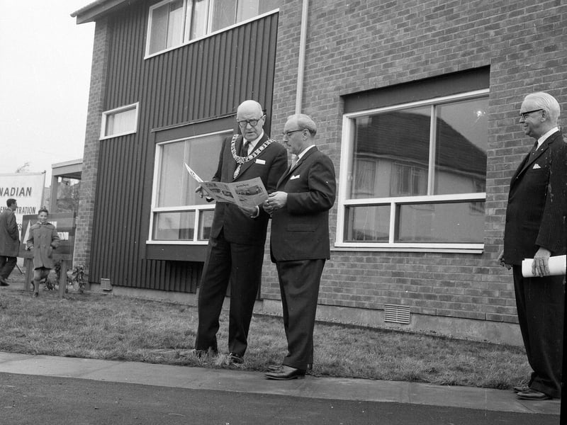 Lord Provost Duncan Weatherstone with Mr BC Butler, Minister for Canada, outside the Timber Showhouse at Sighthill in November 1964.