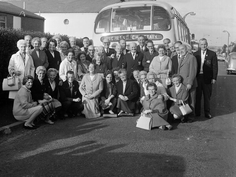 The Sighthill Bowling Club leave for a tour of the Torquay area in July 1965.