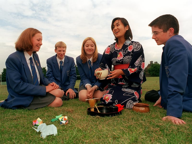 Pupils at Castle Hall School  are shown The Tea Ceremony by Japanese intern Chisato Horiuchi in June 1999. Pictured, from left, are Kate Stephenson, Adam Bennett, Gayle Dyson, Chisato Horiuchi and George Snee.