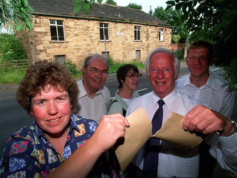 Tearing up the plans for a proposed housing development on Greenside are jubilant town councillors, from left, Lynn Holland, Brian Whittaker, Imelda Marsden, Ian Harrison and Martyn Bolt. They are pictured in June 1999 front of the old Greenside Youth Club.