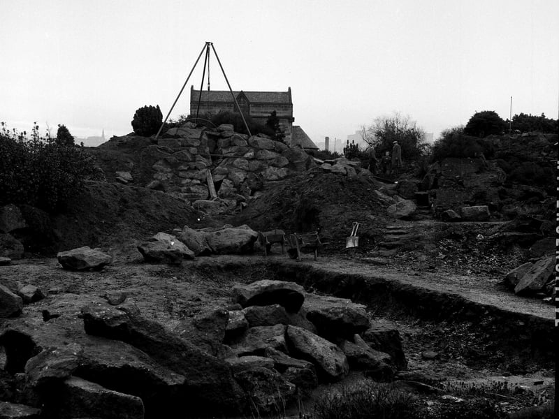 The rock garden being reformed to provide better conditions for the alpine plants at the Royal Botanic Gardens in December 1960.