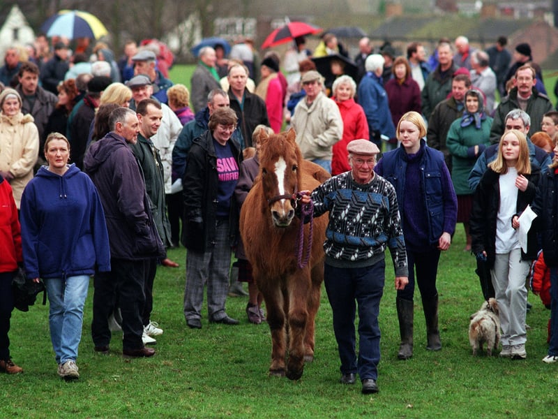 January 1999 and a rally in protest over plans to build 130 new homes in the town was staged. Pictured leading the protest is Milton Scott with 'Sunny'.