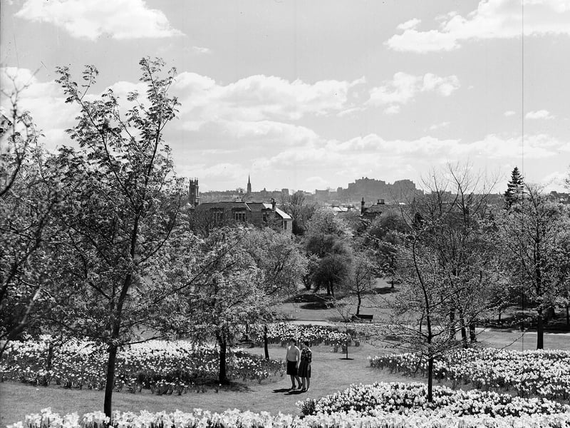 Two girls enjoy a stroll in the Edinburgh Royal Botanic Gardens in May 1963.