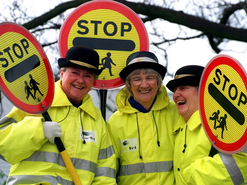 Lollipop ladies, from left, Christine Whitehead, Ruth Saville, and Mavis Fox in March 1998.