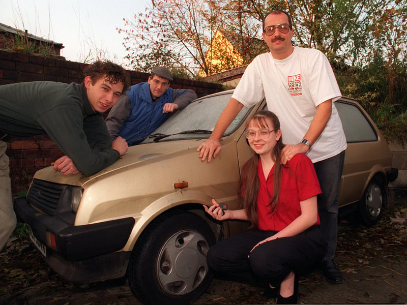Neil Bruce and his daughter Jaqueline who beat the clampers by dismantling her car with help from her friends. Pictured in November 1996, from left, are Andrew Kilner, Neil Jaggar (correct), Jaqueline and Neil Bruce.
