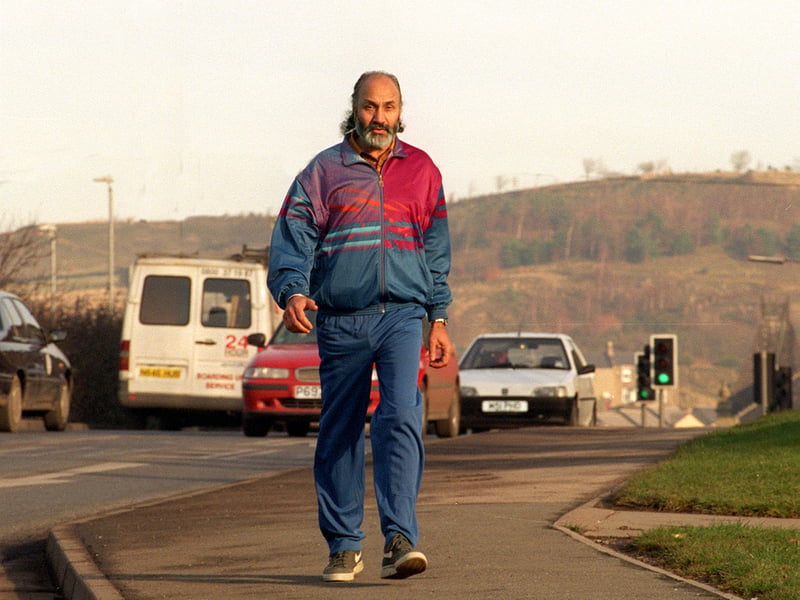 This is Mirfield businessman Balbir Singh Kandola, pictured in January 1997 after bypass surgery, who was planning on walking the 26.2 mile course of the London Marathon to raise funds for the British Heart Foundation. He is pictured strolling through Dewsbury.