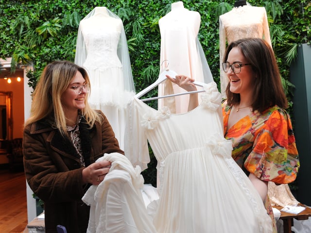 Lydia Carter from Horsforth looking at wedding dresses with designer Meg J Gardner from Wakefield.