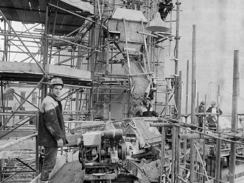 A view from scaffolding during the construction of a sugar silo at the Allscott Sugar Beet Factory in 1961. Each of the two new silos being built would be able to store 10,000 tons of granulated sugar.