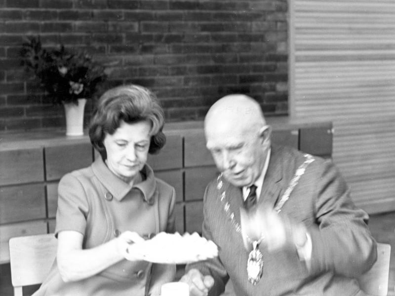 The Right Hon. Barbara Castle MP, First Secretary of State sharing refreshments with Alderman Major JH Hudson, leader of West Riding County Council. She had just opened Garforth Comprehensive School later the Community College and now Garforth Academy. Pictured in October 1969.