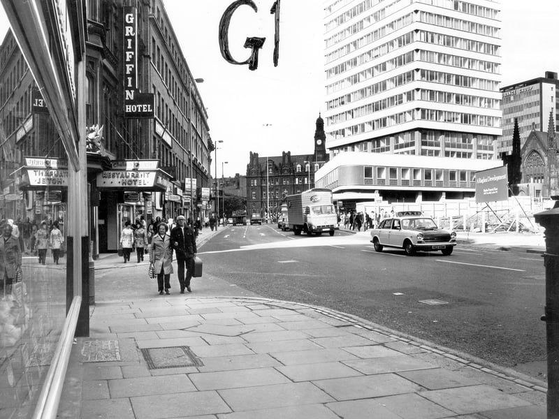 Boar Lane looking west towards City Square in September 1974. On the left is the junction with Mill Hill, then the Griffin Hotel. On the right, demolition has taken place of the shops around Upper Mill Hill, in preparation for the development of the Bond Street Shopping Centre.