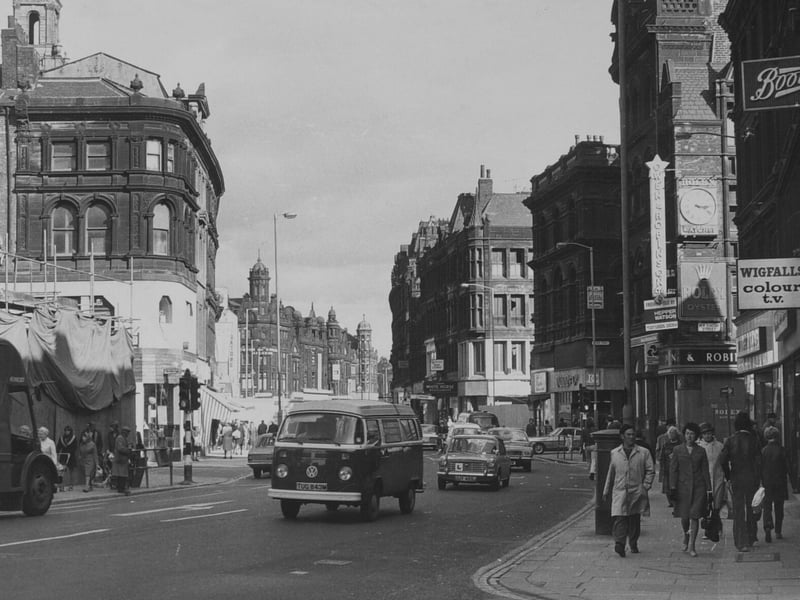 A busy Boar Lane in September 1974.