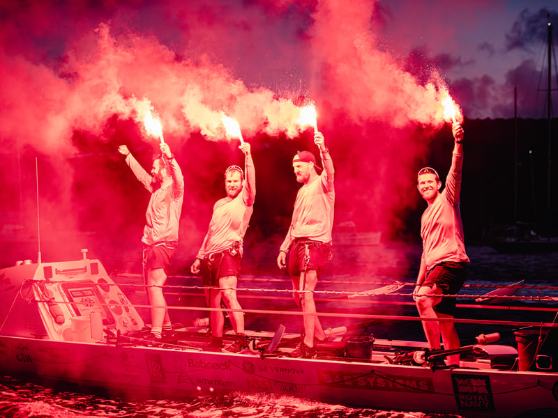 Royal Navy sailors aboard HMS Oardacious finished "the world's toughest row", a trek of 3,000 miles from the Canaries to Antigua. Pictured: Addison Taylor, Richard Purdy, Guy Wilton and Liam Hoddy.