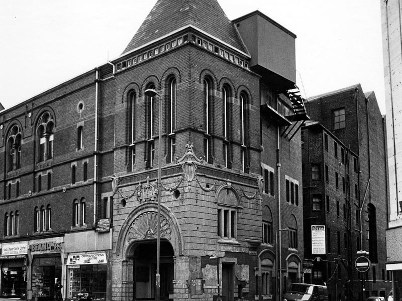 The Plaza at the junction of New Briggate and Harrison Street. This property opened as a 1,200 seat Assembly Rooms in 1878 as part of the Grand Theatre complex. The theatre had a side entrance to the right of this building in Harrison Street. The Assembly Rooms opened as a cinema in 1907 and continued under the name Plaza from 1958, finally closing in 1985.