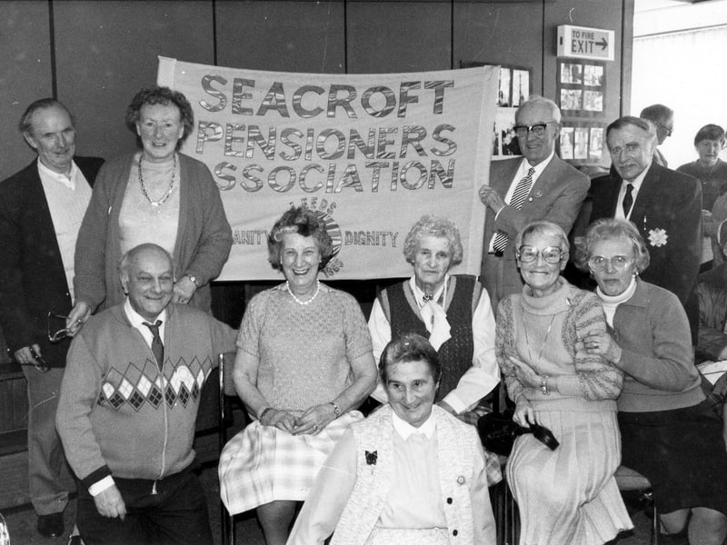 Members of Seacroft Pensioners Association at Seacroft Library where they had gathered for their weekly meeting. On this occasion they had invited Denis Healey MP to dedicate a new banner to be used as part of their campaign for increased pension. Pictured in March 1988.