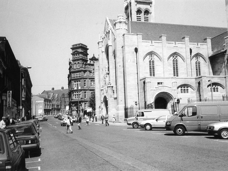 Cookridge Street with St. Anne's Cathedral prominent at the junction with St. Ann Street.