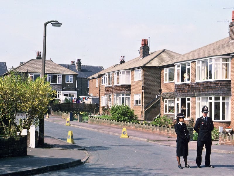 Police on duty at the entrance to St. Peter's Crescent in April 1988, which was directly opposite the entrance to the Parish Church. St. Peter's Parish Church was being visited by the Archbishop of Canterbury (Dr. Robert Runcie) as part of the centenary celebrations of the creation of Wakefield Diocese in 1888.