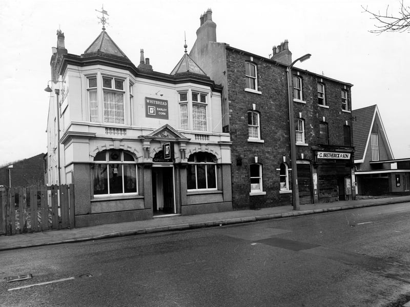 Town Street showing the Barleycorn pub on the left. Further along are the boarded-up premises formerly belonging to G.Bretherick & Son, builders and contractors. On the right is the Christadelphian Hall. Pictured in November 1981.
