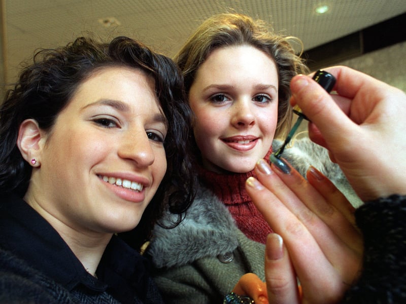 Young entrepreneurs from Gateways School launched Renaissance, a firm selling nail varnish. Pictured is Kelly Serr and Lucinda Higgins demonstrating their products at the Merrion Centre.