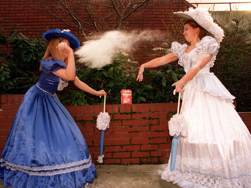 The Co-op was celebrating 150 years in business. Pictured is Joanne Nicholson, left, and Angela Latham during a flour fight at the Super C supermarket where they are selling flour for 1p as part of of the festivities.