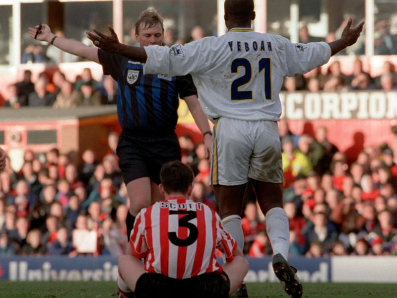 Tony Yeboah appeals to referee Graham Poll after a confrontation with Sunderland's Martin Scott during the Premier League clash at Roker Park. Leeds won 1-0.