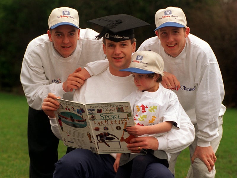 Three Leeds United players - Mark Ford, Richard Jobson and Lee Bowyer - visited Boston Spa Primary School, to support the hunt for The Disney Channel Teacher of the Year. They are pictured with Sophie Smith.