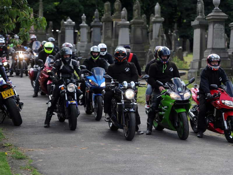 July 2016 and Yorkshire Riders are pictured attending the  funeral of WWII veteran Stewart Cooney buried at Pudsey Cemetery after fears that there were no family or friends to attend the service.