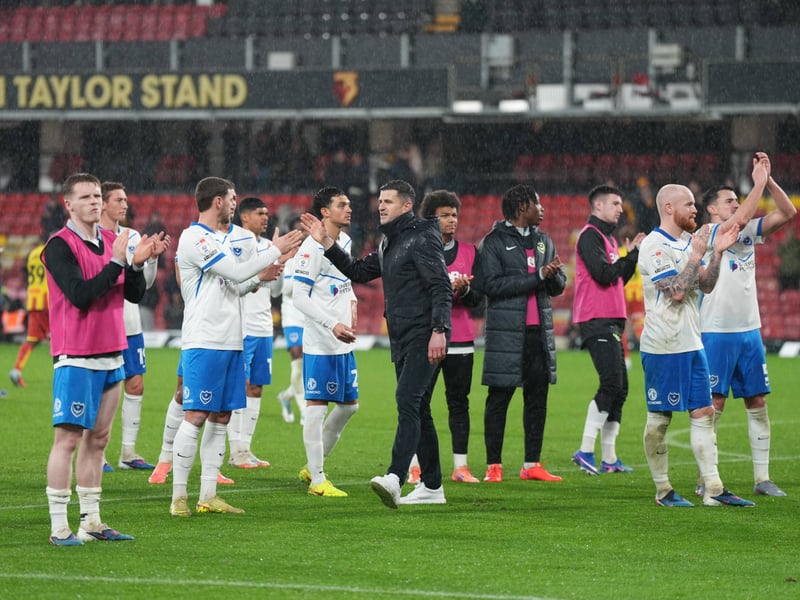John Mousinho's side applaud the travelling 1,774 Pompey fans at Vicarage Road after their 1-1 draw.