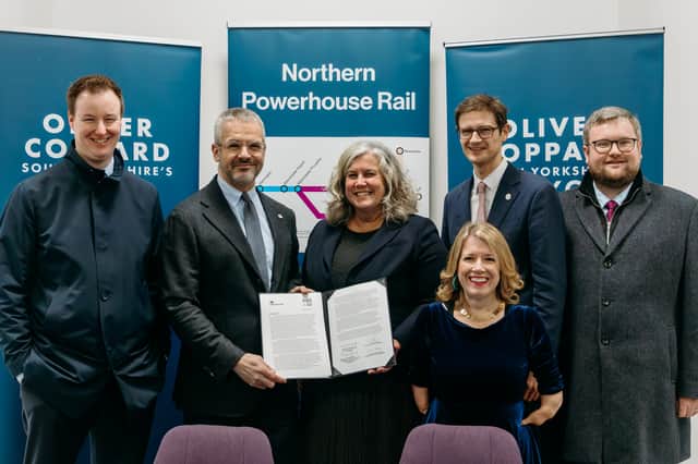 Pictured at the Northern Powerhouse Rail compact signing event in Sheffield on Wednesday are (left to right): Leader of Rotherham Council, Councillor Chris Read; South Yorkshire's Mayor, Oliver Coppard; Secretary of State for Transport, Heidi Alexander; MP for Penistone and Stocksbridge, Marie Tidball; Leader of Sheffield City Council, Councillor Tom Hunt; Cabinet Member for Environment and Highways at Barnsley Council, Councillor James Higginbottom. Photo: SYMCA