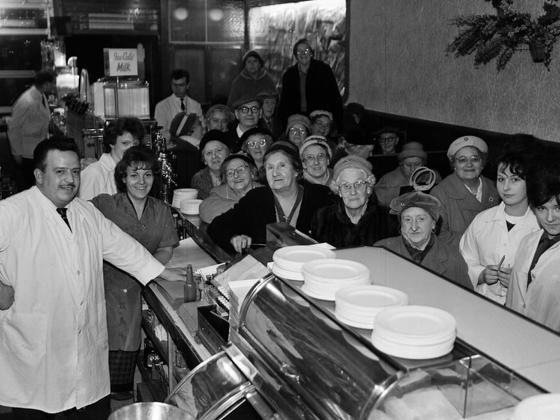 West Pilton OAPs entertained by Mr F Galla, the proprieter of Dels Cafe, in November 1962.