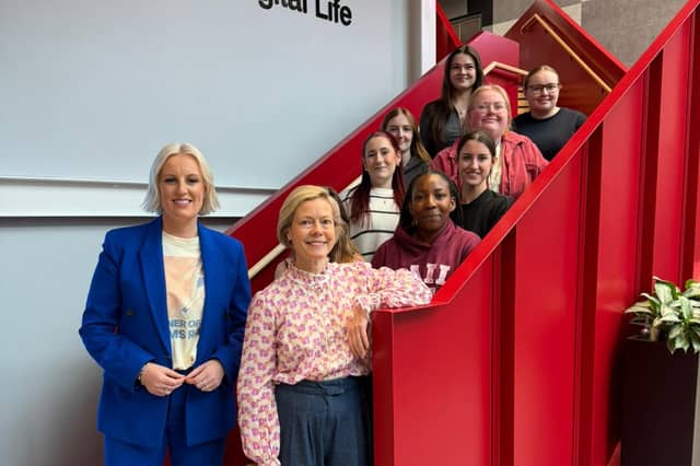 Steph McGovern and Enginuity CEO Ann Watson meet the first recipients of Steph's new scholarship for female engineers.