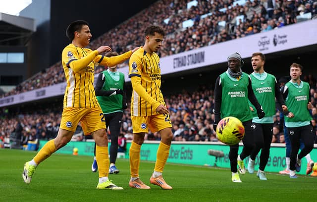 Brighton midfielder Yasin Ayari is congratulated after his first goal