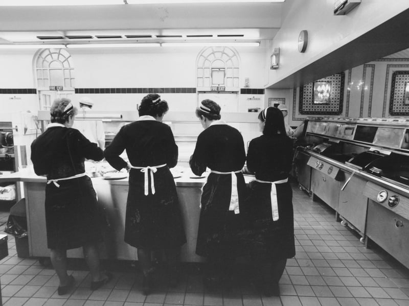 Waitresses at Harry Ramsden's wait for fish and chips in October 1989.