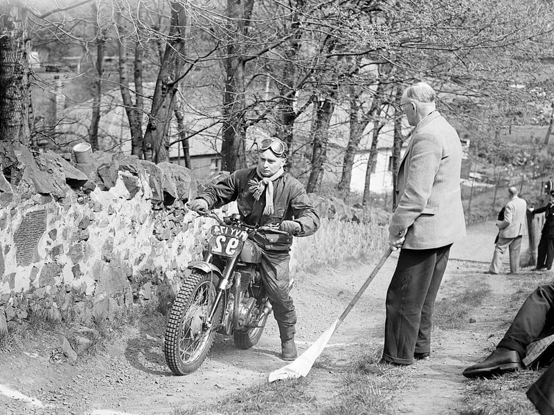 The stop and restart test at the Motor Cycle Trial at Blackford Hill in May 1956.