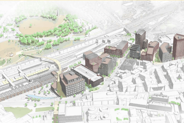 View of 10 new buildings and bridge within Sheffield Station Campus being promoted by Homes and England and Sheffield City Council.