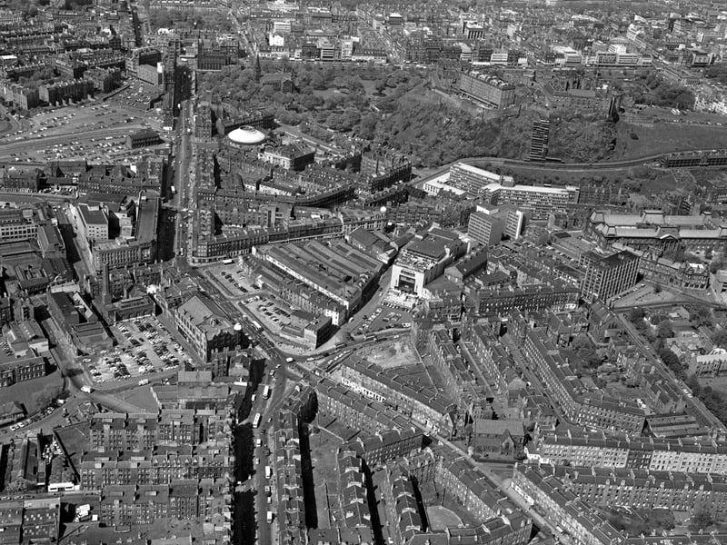 Aerial photo of the Tollcross area of Edinburgh, showing Goldbergs (centre), Earl Grey Street, Brougham Street, Fountainbridge, Home Street, Leven Street, the Usher Hall, Lothian Road, taken in May 1976.