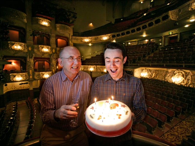 Pictured in October, 2012, actor Jo Mcfadden has a birthday drink with the chief executive of the Kings Theatre, Edinburgh.
