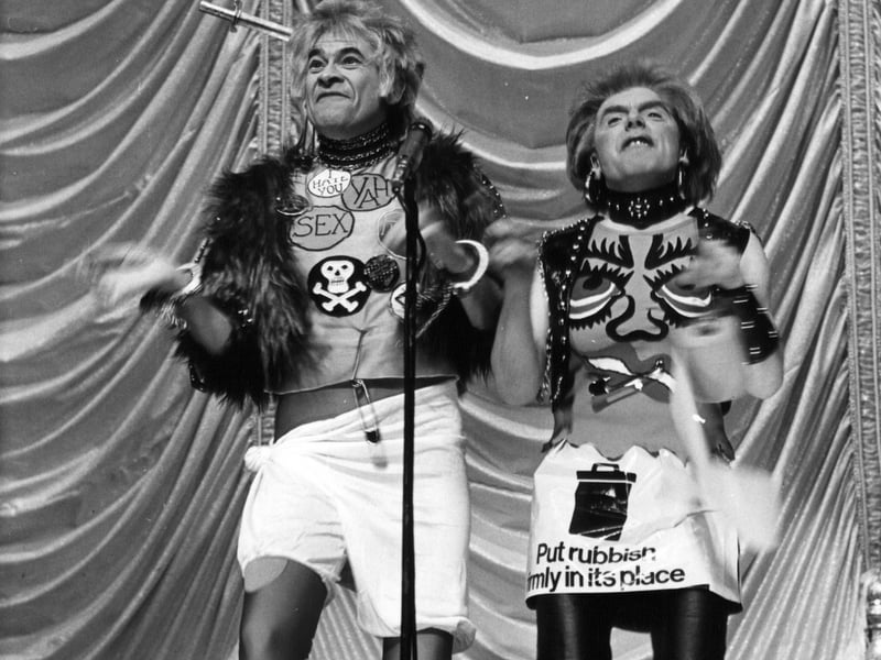 The Ugly Sisters go punk : Stanley Baxter and Angus Lennie in the Cinderella panto at the Kings Theatre, Edinburgh, December 14, 1979.