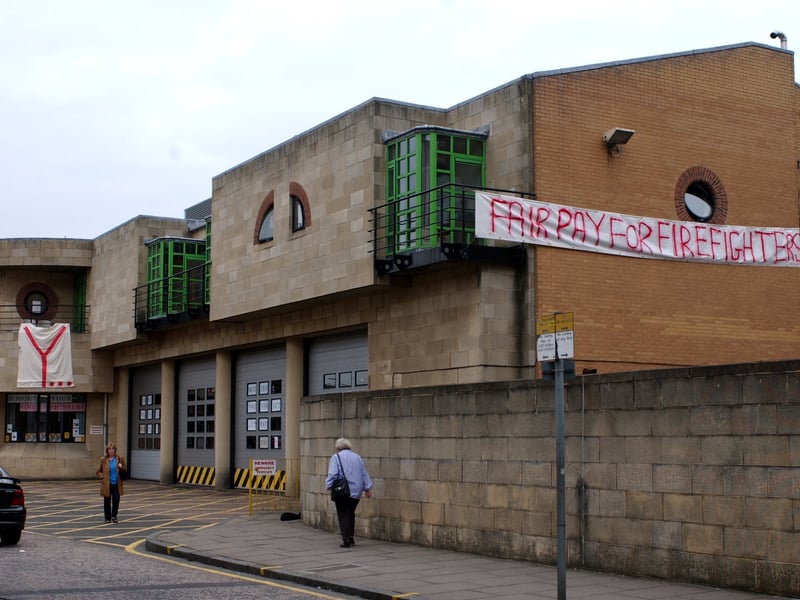Tollcross Fire Station pictured in September, 2002, with the firefighters protesting for a pay rise.