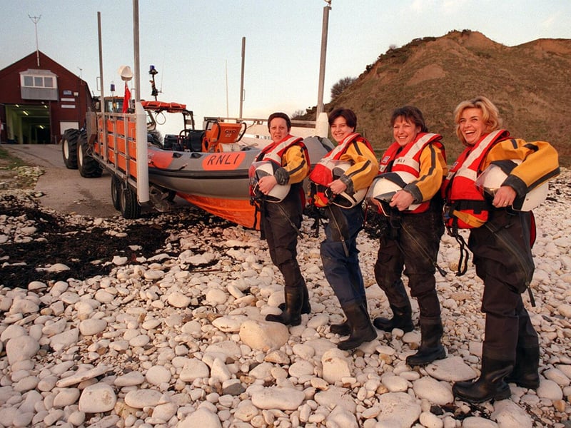 Lifeboat ladies prepare to launch in February 1999. Pictured, from left, are Anita Ibbotson, helmswoman, with crew, Becki Yardley, Debbie Brambles, and Trudy Traves.