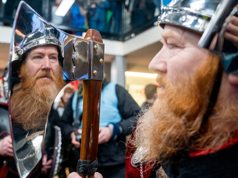 The Guizer Jarl of the Jarl Squad, at the Toll Clock shopping centre in Lerwick.