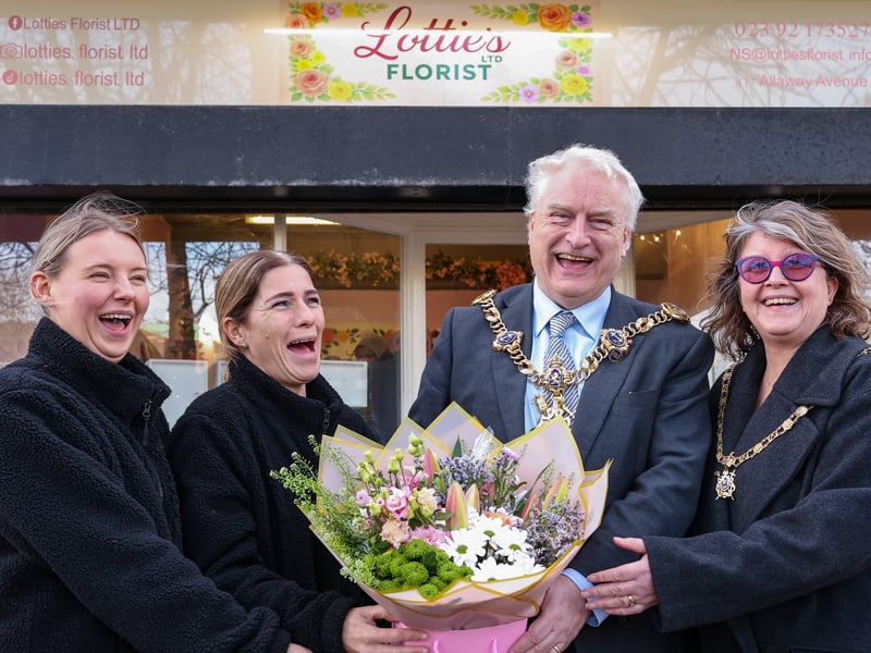 From left, directors Shannon Mitchison and Nicky Timberlake, Lord Mayor of Portsmouth Cllr Gerald Vernon-Jackson and Lady Mayoress Helena Cole at the opening of Lottie's Florist.
Picture: Chris Moorhouse (240126-26)