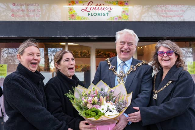 From left, directors Shannon Mitchison and Nicky Timberlake, Lord Mayor of Portsmouth Cllr Gerald Vernon-Jackson and Lady Mayoress Helena Cole at the opening of Lottie's Florist.
Picture: Chris Moorhouse (240126-26)