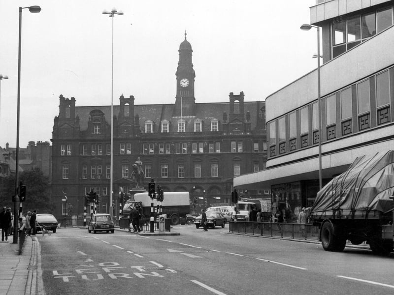 Boar Lane, looking west towards City Square, taken in the mid-1970s. In the centre is the General Post Office Building and on the right the lower part of Royal Exchange House.