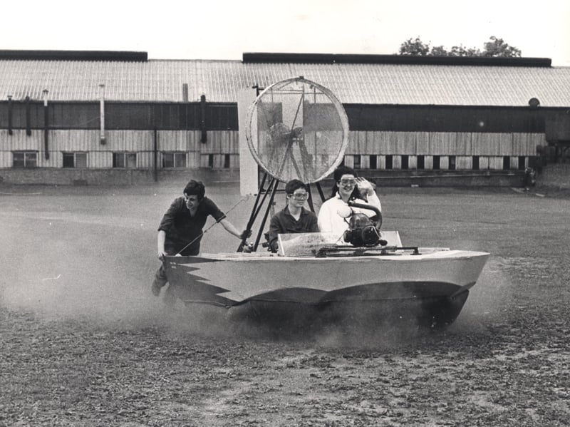 Miss Tasmania takes a ride in a hovercraft built at the Stanley Tools factory, Sheffield, in June 1970