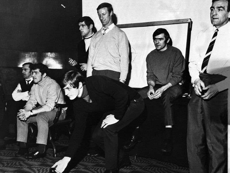 Leeds United players relax ahead of their FA Cup fourth round tie against Sutton United in January 1970, playing carpet bowls at the team hotel. They won the fixture 6-0.
