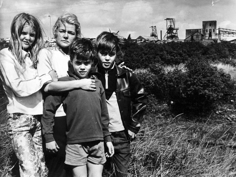 Vivian Nicholson and her children, Susan, Howard and Timmie, pictured in front of Allerton Bywater Colliery, near their home, in August 1970, as they prepare for a new life in Malta. Vivian's late husband Keith Nicholson had been a big winner on the football pools in 1961.