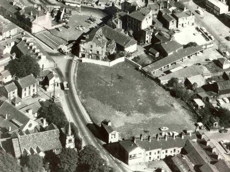 An aerial view of the old Brighouse Tesco site in 1970, before the original supermarket, Hillards, was built